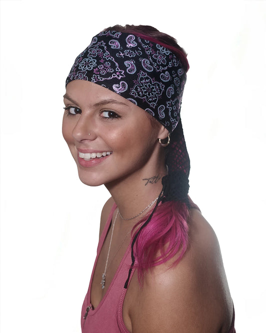 Black and Pink Bandana Wide headband with ponytail protector, side view on female model.
