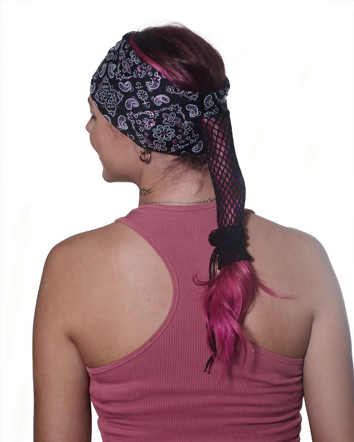 Black and Pink Bandana Wide headband with ponytail protector, back view on female model.