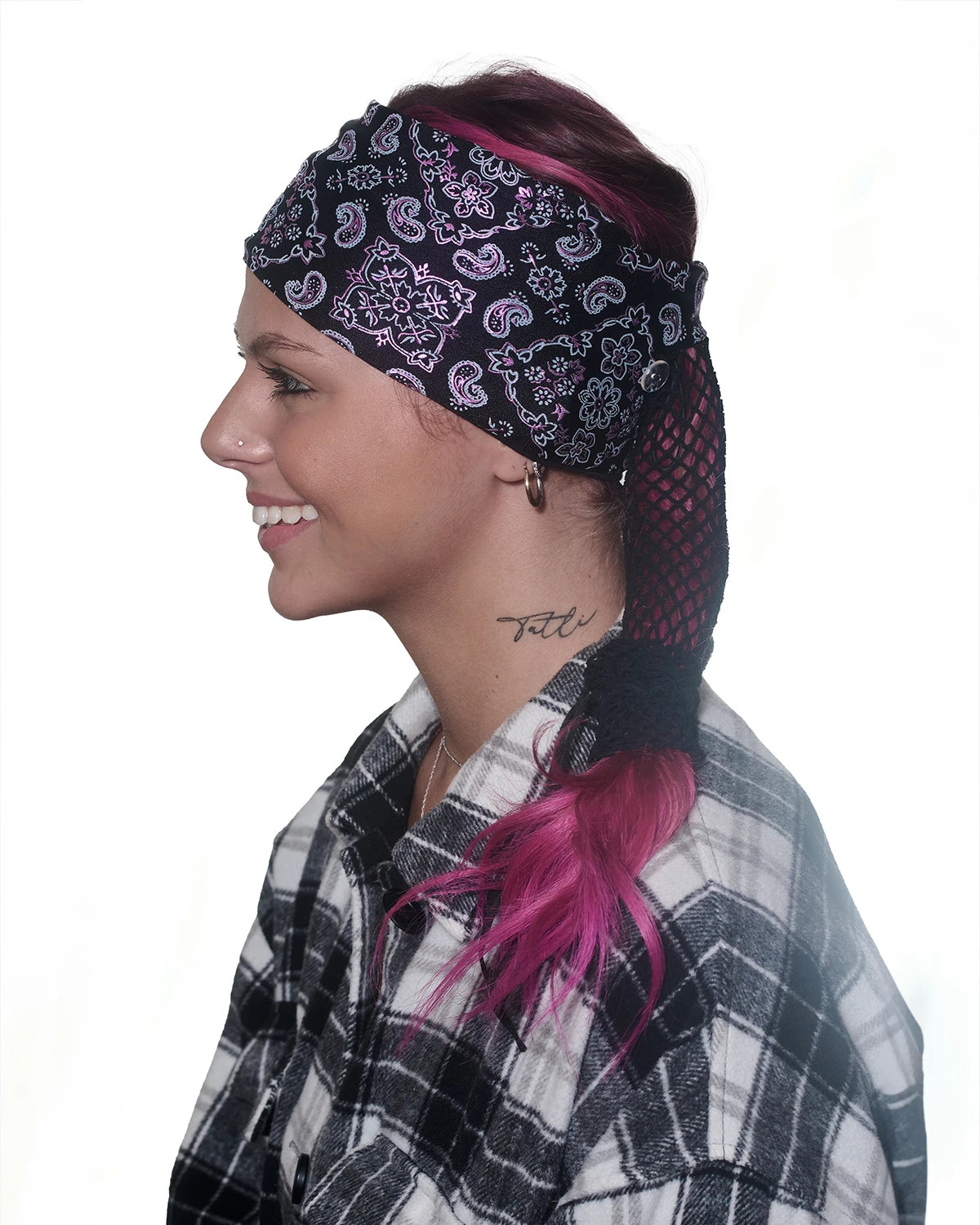 Black and Pink Bandana Wide headband with ponytail protector, side view on female model.