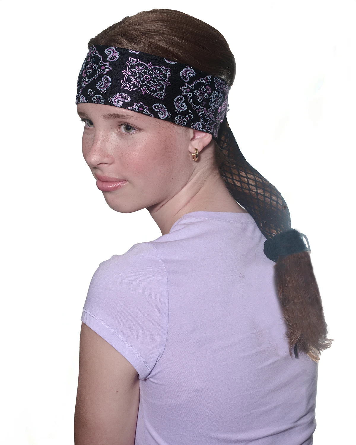 Black and Pink Bandana headband with ponytail protector, side view on female model.