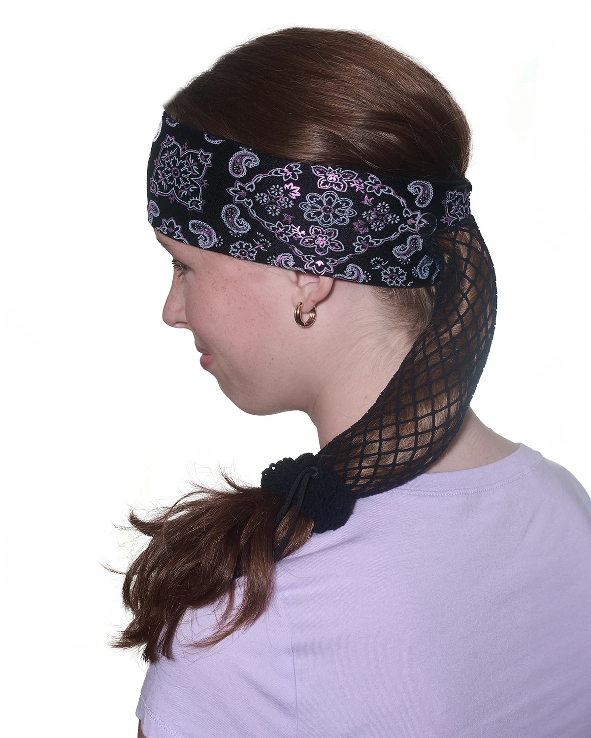 Black and Pink Bandana headband with ponytail protector,side view on female model.