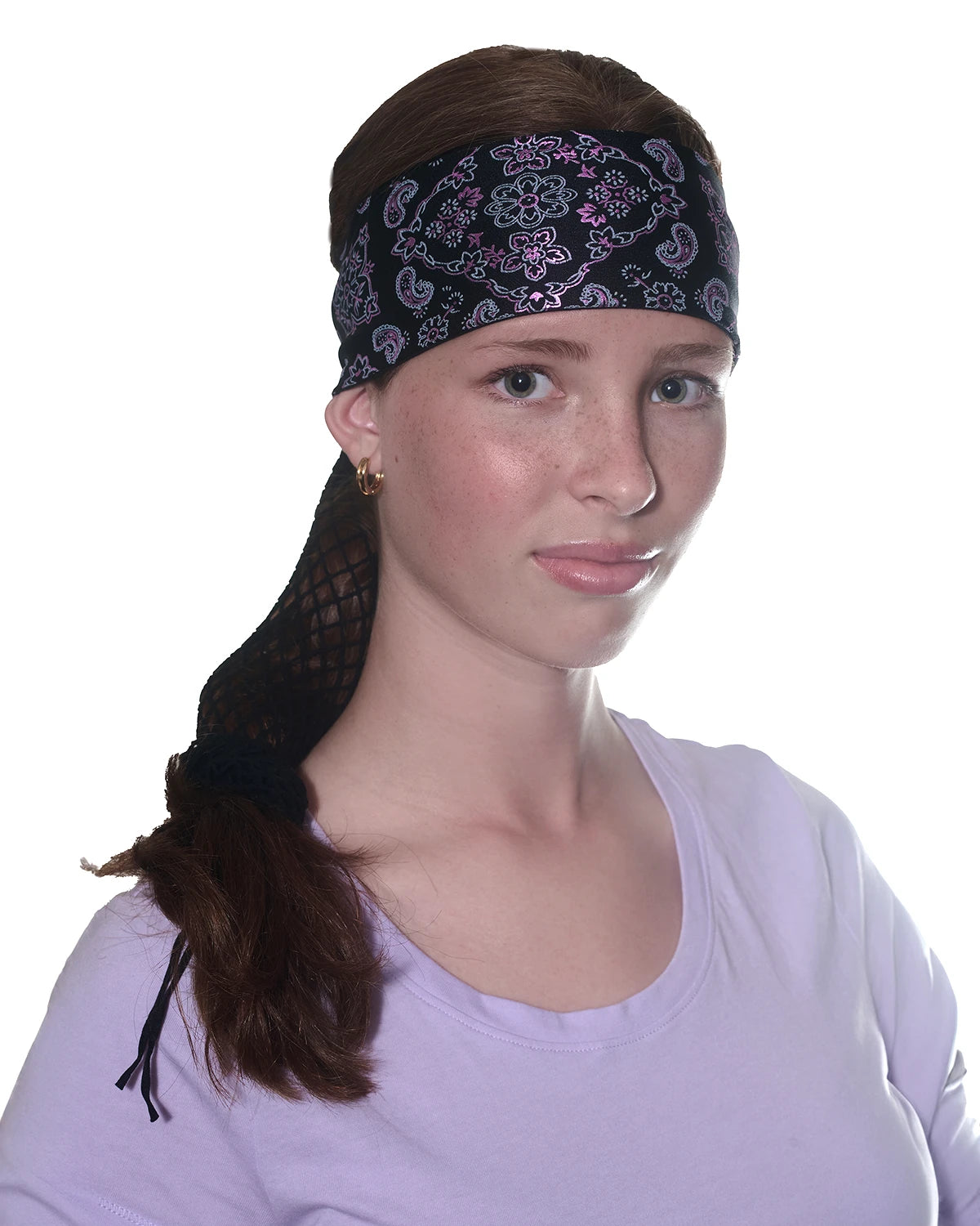 Black and Pink Bandana headband with ponytail protector, front view on female model.
