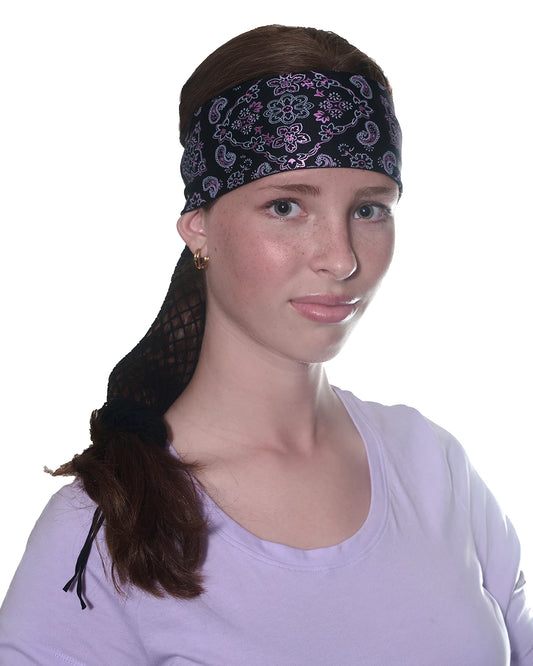 Black and Pink Bandana headband with ponytail protector, front view on female model.
