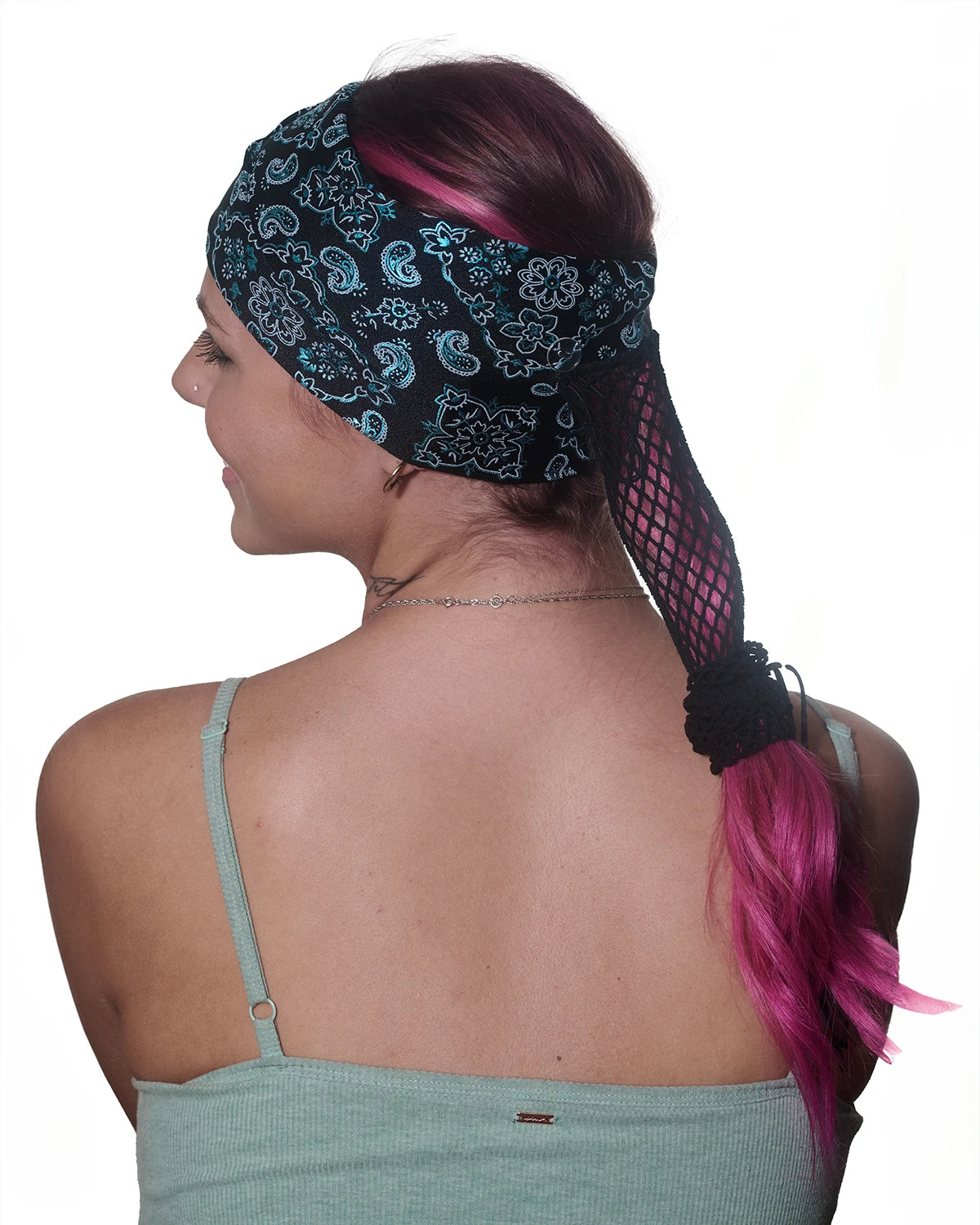 Black and Teal Bandana wide headband with ponytail protector, back view on female model.