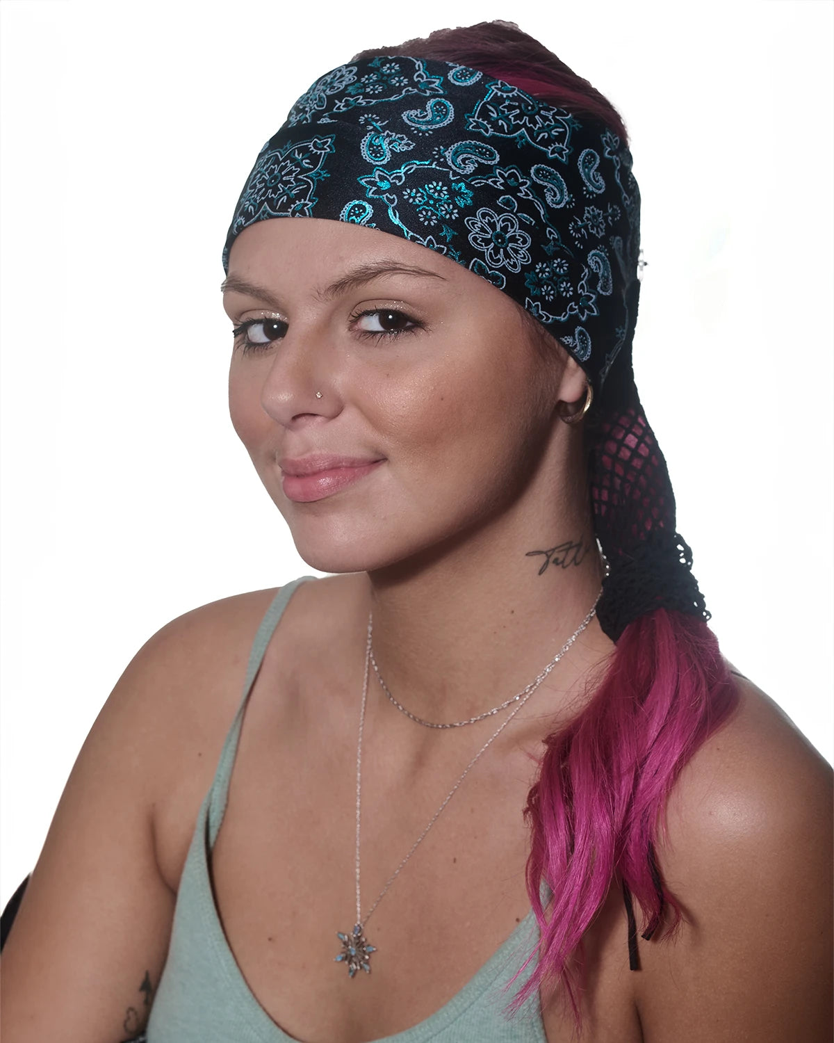 Black and Teal Bandana wide headband with ponytail protector, front view on female model.
