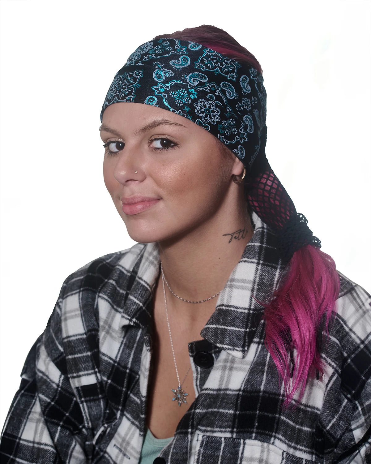 Black and Teal Bandana wide headband with ponytail protector, front view on female model.