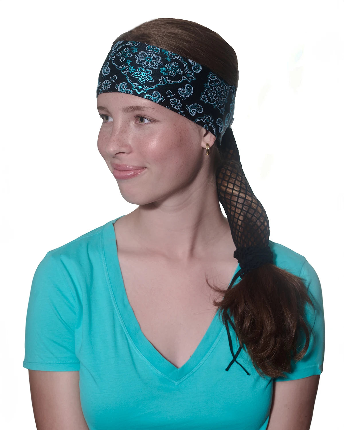 Black and Teal Bandana headband with ponytail protector, side view on female model.