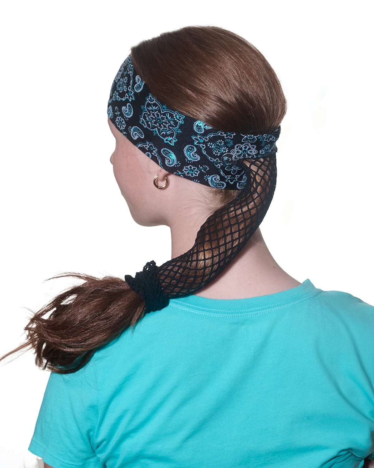 Black and Teal Bandana headband with ponytail protector, back view on female model.
