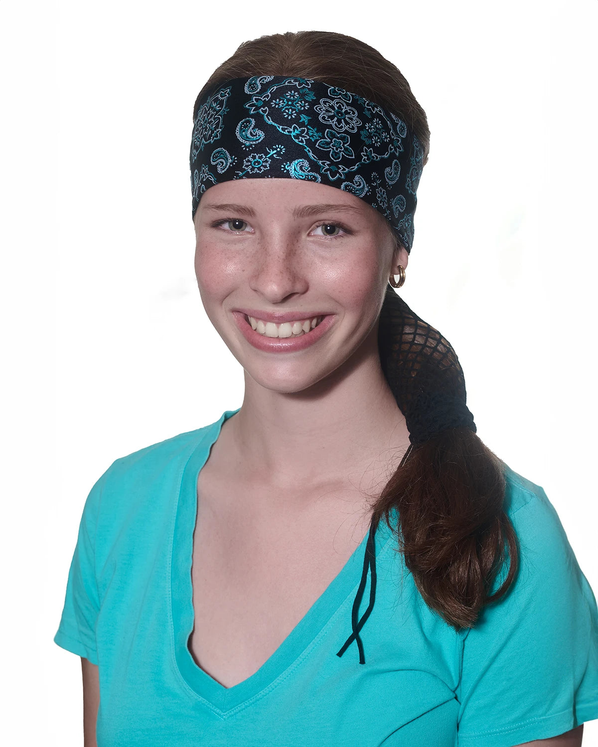 Black and Teal Bandana headband with ponytail protector, front view on female model.