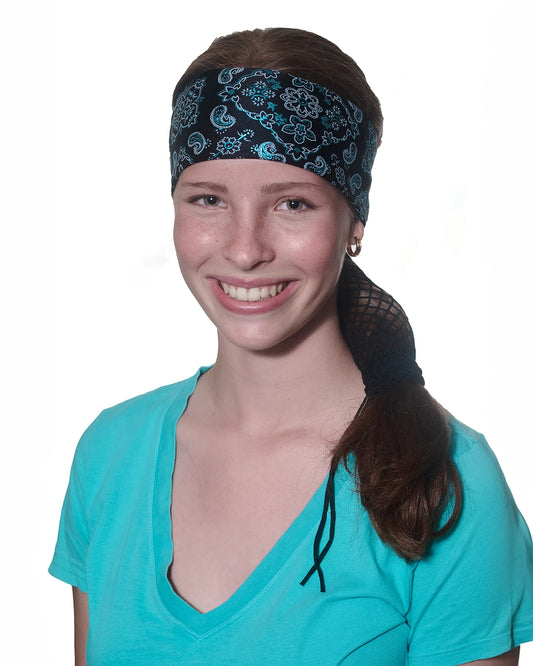 Black and Teal Bandana headband with ponytail protector, front view on female model.