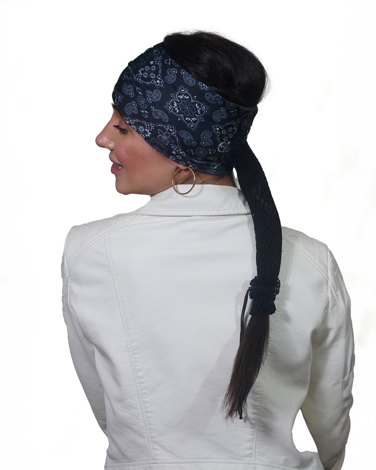 Black and White Bandana wide headband with ponytail protector, side view on female model.