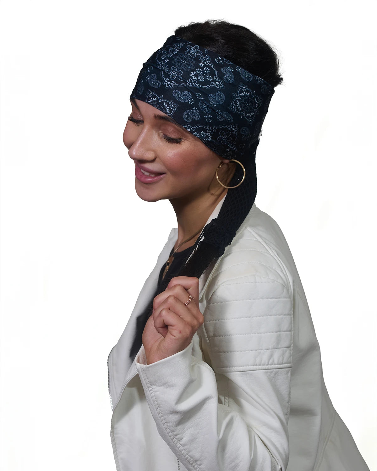 Black and White Bandana wide headband with ponytail protector, side view on female model.