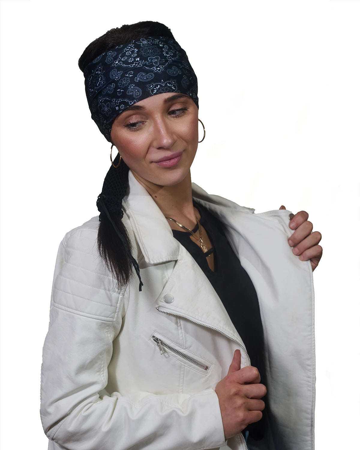 Black and White Bandana wide headband with ponytail protector, front view on female model.