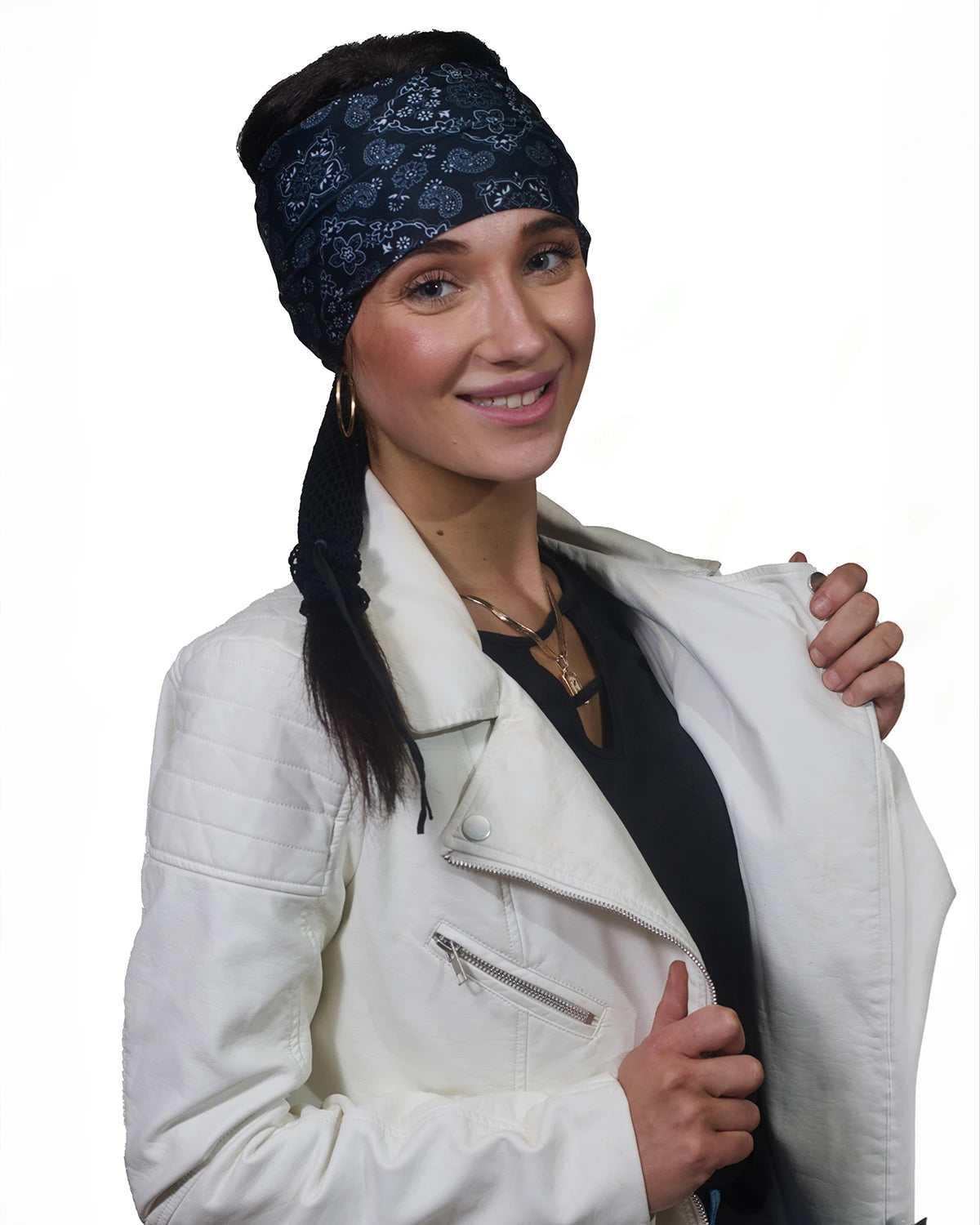 Black and White Bandana wide headband with ponytail protector, front view on female model.