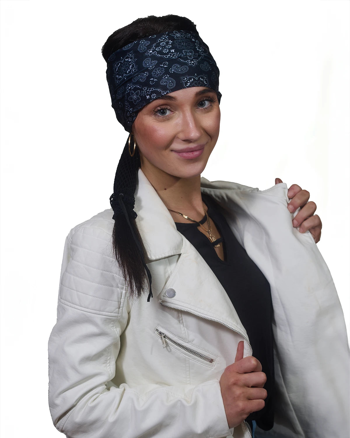 Black and White Bandana wide headband with ponytail protector, front view on female model.