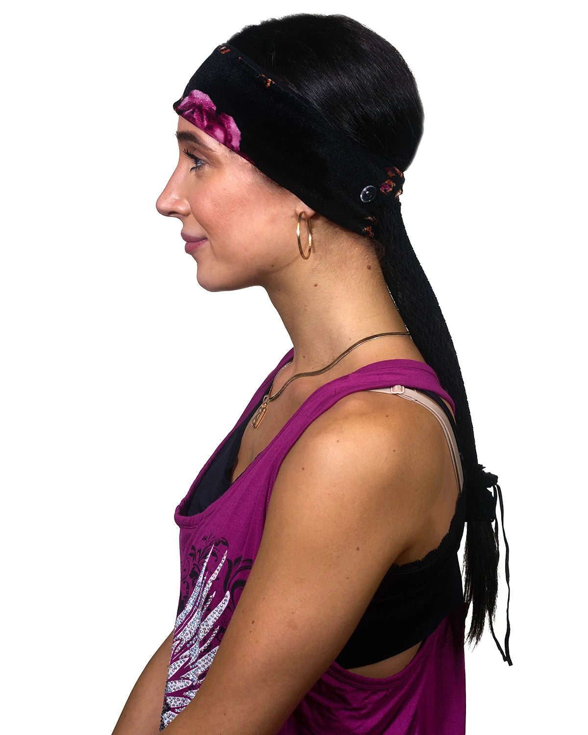 Black Floral headband with ponytail protector, side view on female model.