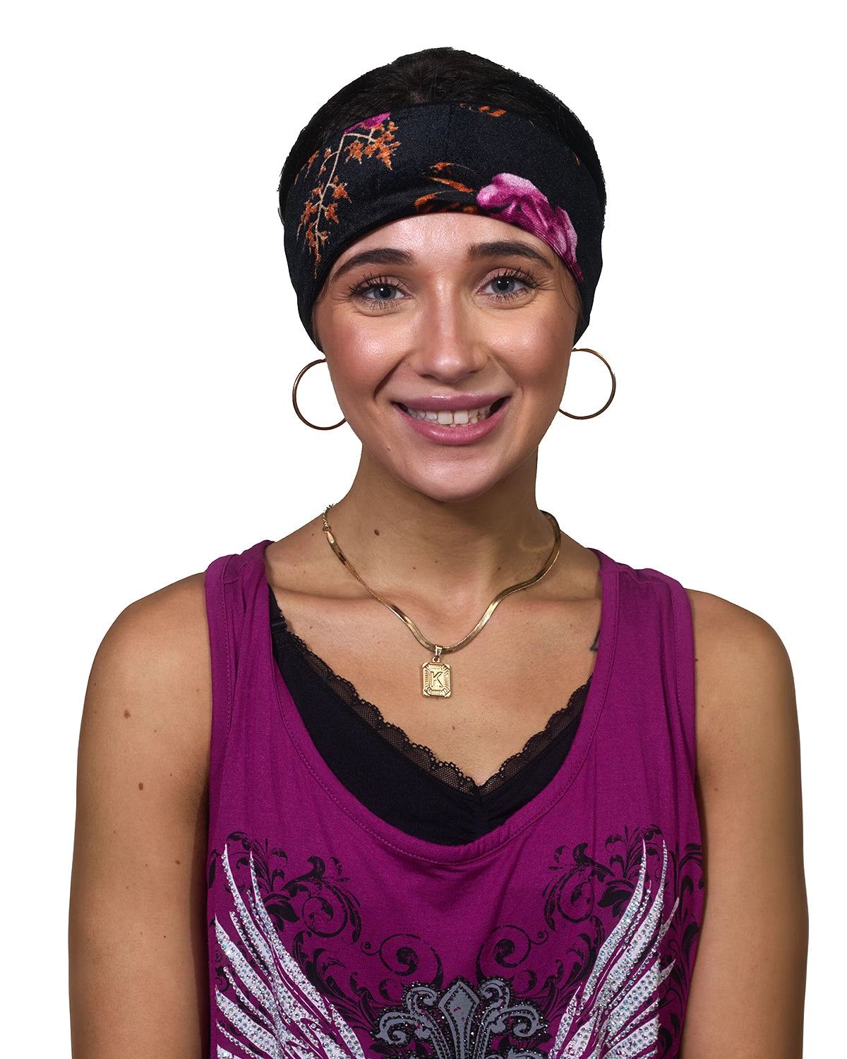 Black Floral headband with ponytail protector, front view on female model.