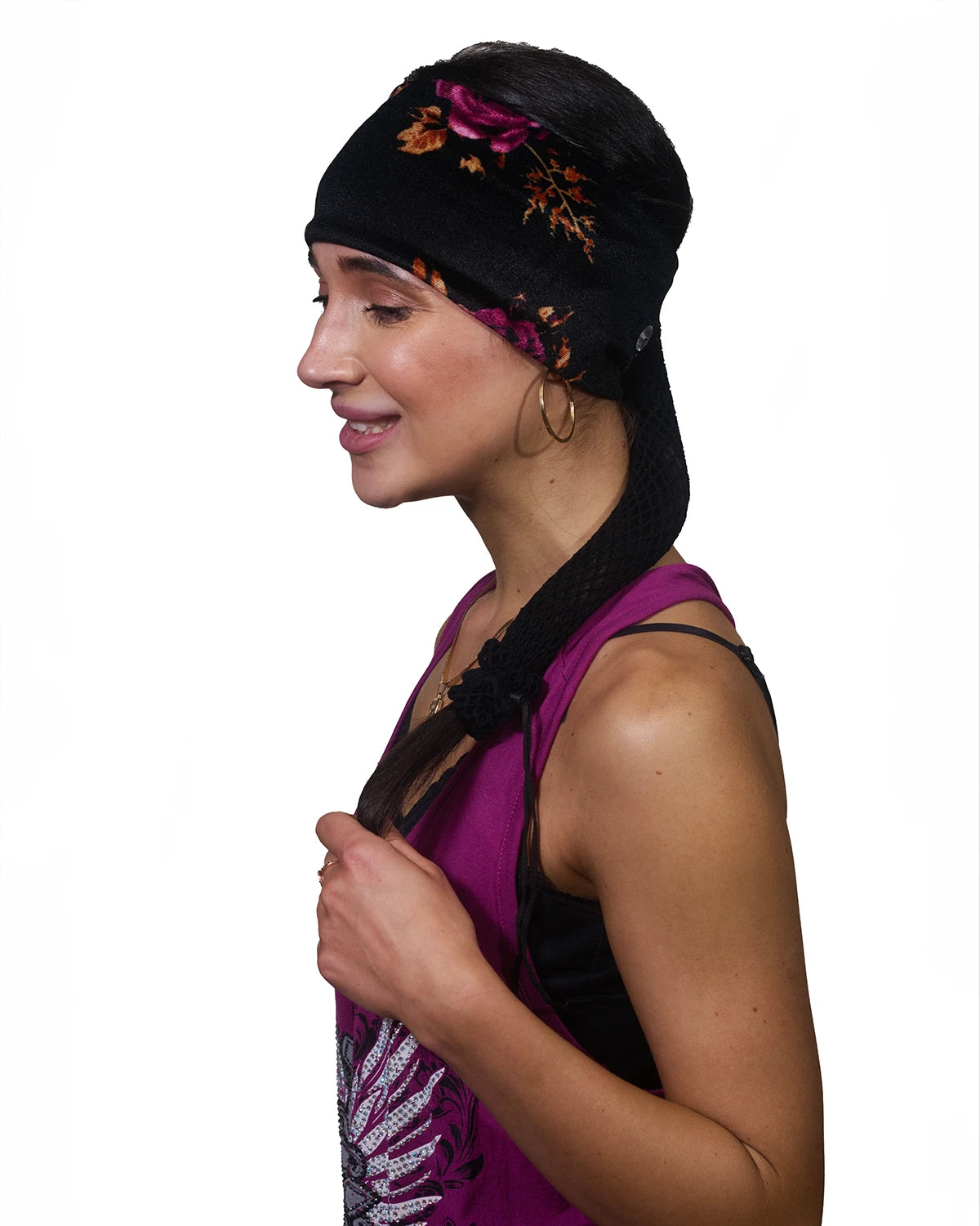 Black Floral wide headband with ponytail protector, side view on female model.