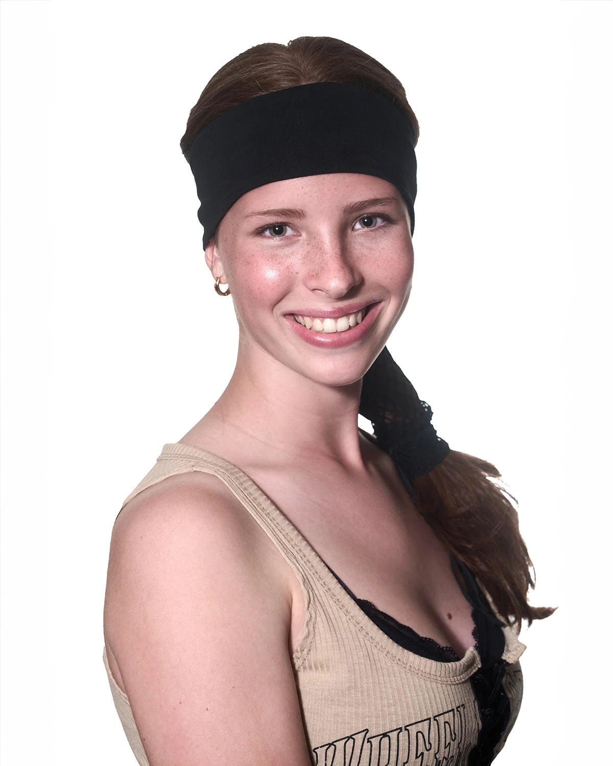 Red Rumbling Thunderstorms headband with ponytail protector, reverse front view on female model.