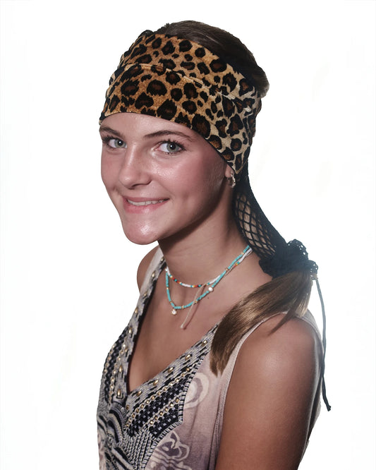 Cheetah print Wide headband with ponytail protector, front view on female model.