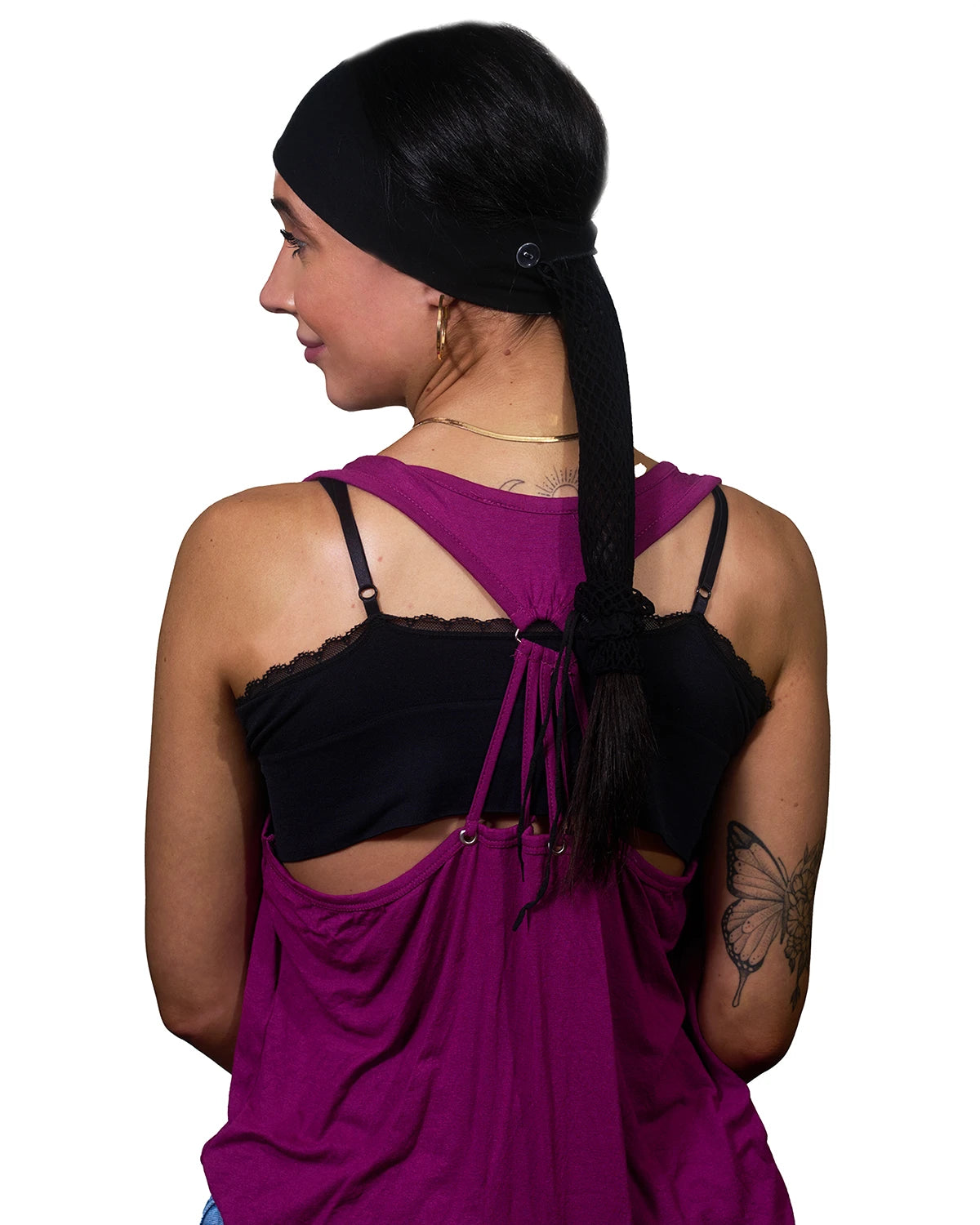 Black Floral headband with ponytail protector, reverse back view on female model.