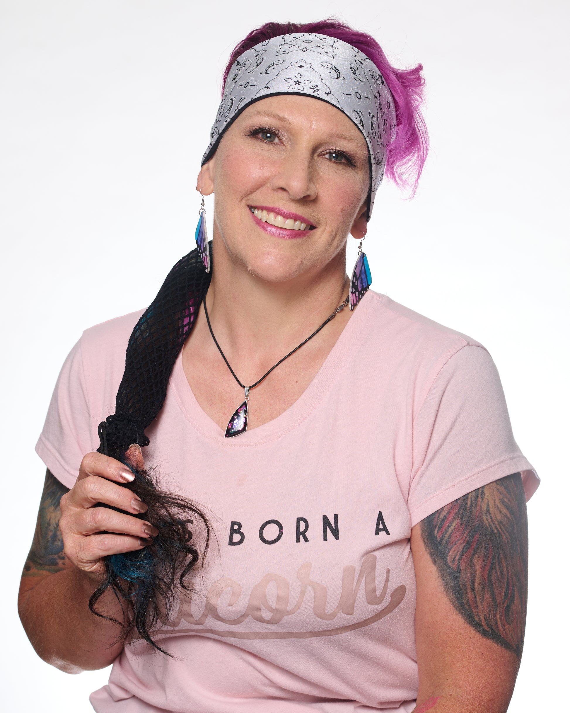 White and Black Elegance Bandana headband with ponytail protector, front view on female model.