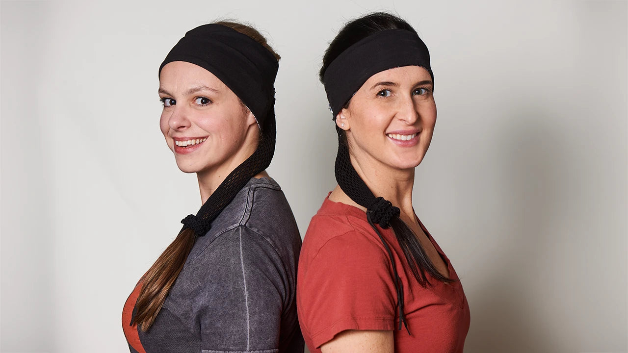 Red and Black Classic Bandana wide and narrow headbands with ponytail protector, reverse side views on female models.