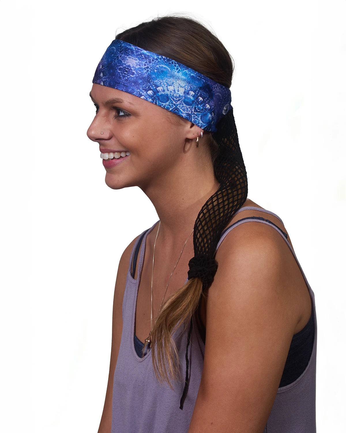 Purple Geometric Tie Dye headband with ponytail protector, side view on female model.