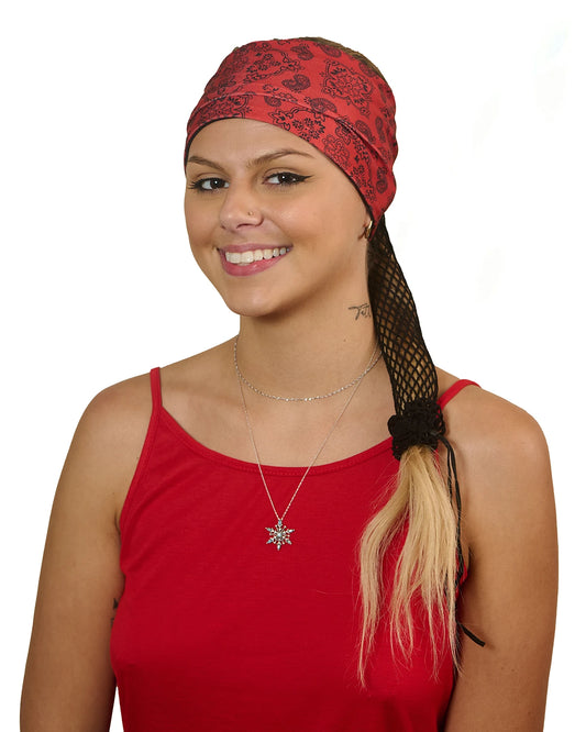 Red and Black Classic Bandana wide headband with ponytail protector, front view on female model.