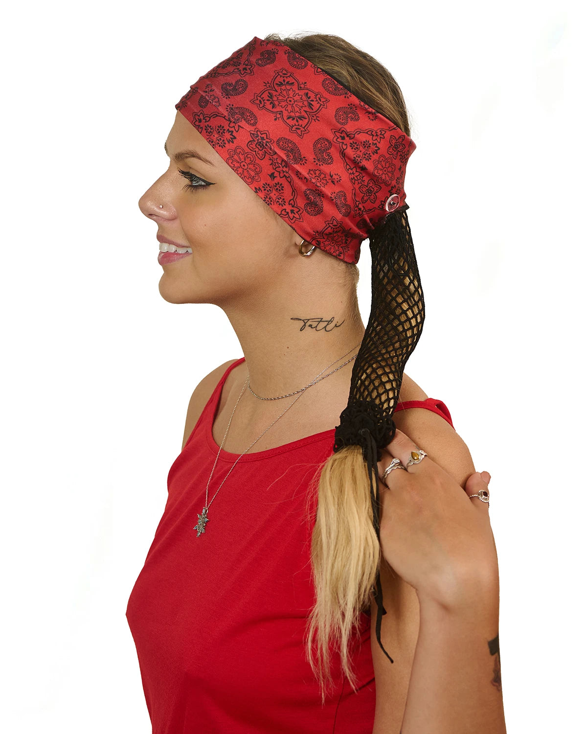 Red and Black Classic Bandana wide headband with ponytail protector, side view on female model.