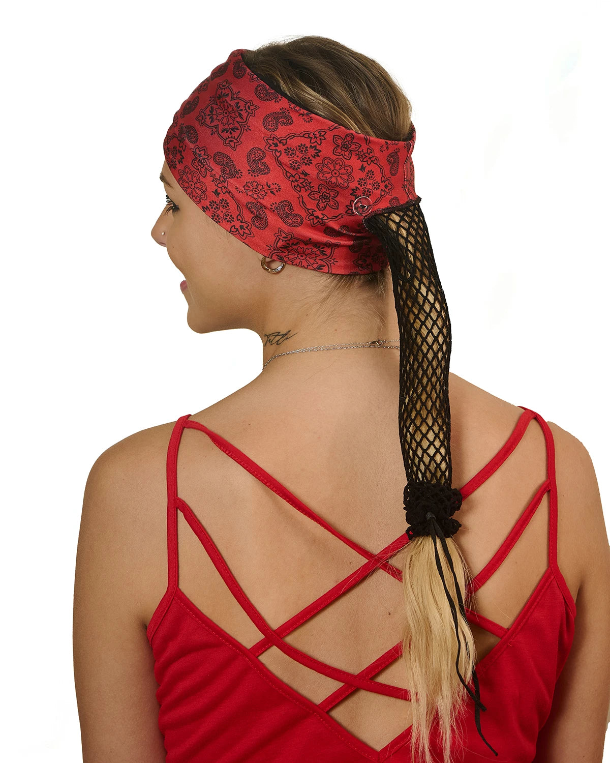 Red and Black Classic Bandana wide headband with ponytail protector, back view on female model.
