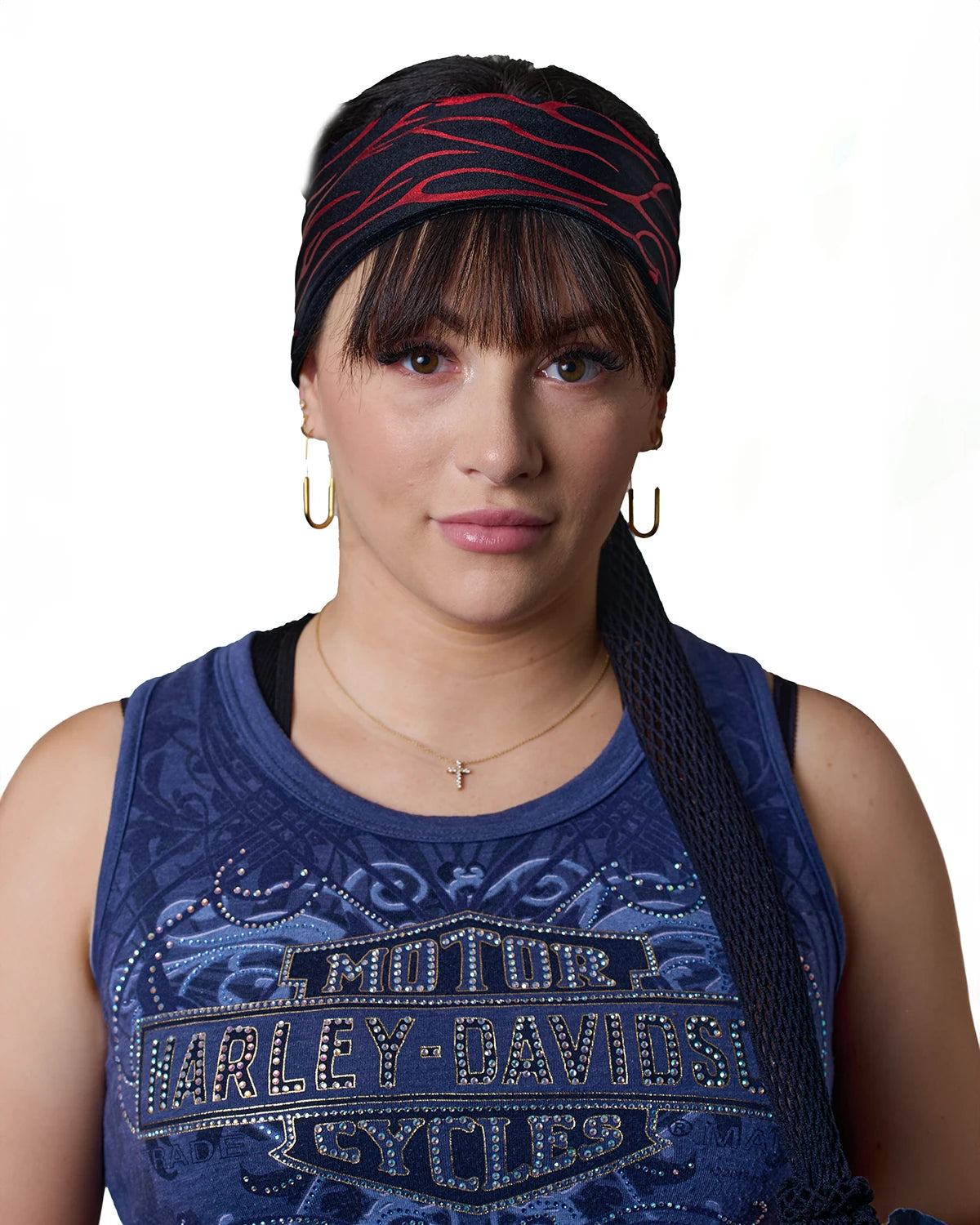 Red Fiery Flames headband with ponytail protector, front view on female model.