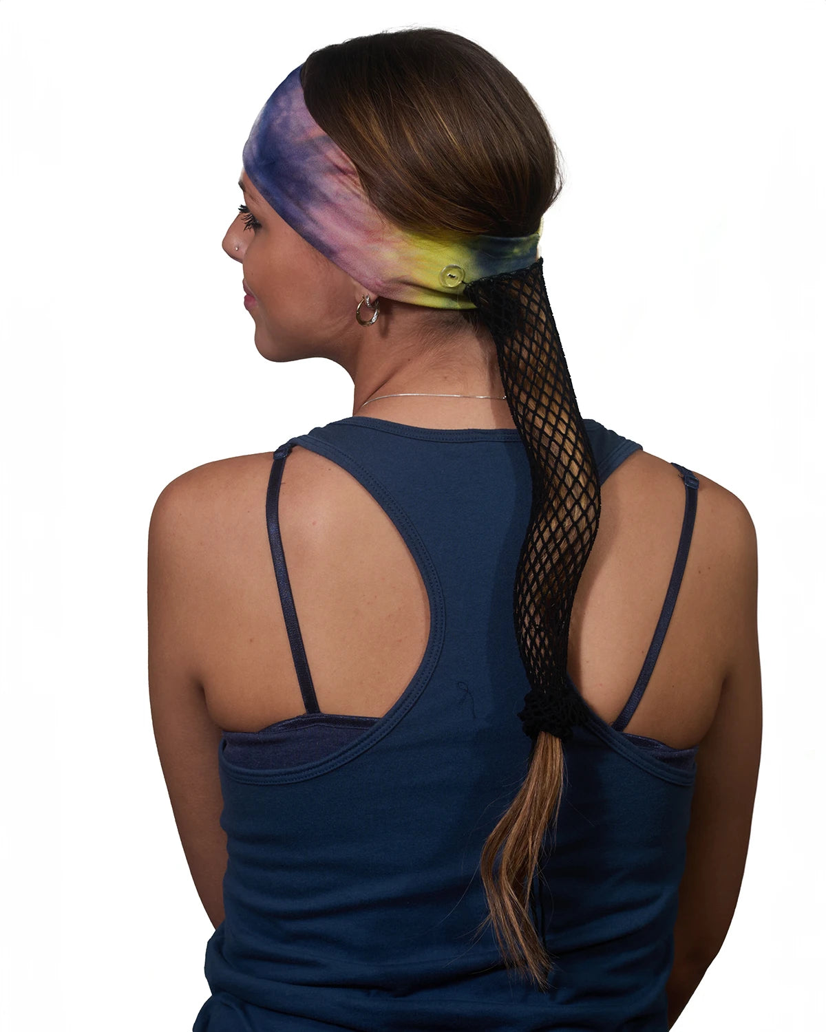 Blue and Yellow Messed Up Tie-Dye headband with ponytail protector, back view on female model.