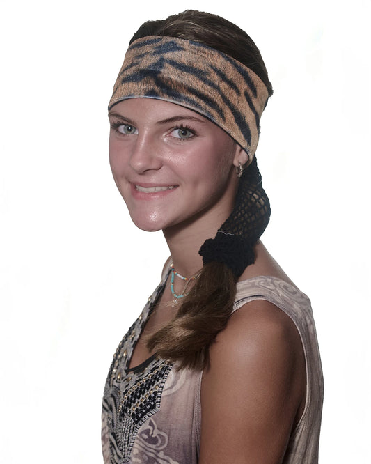Tiger print headband with ponytail protector, front/side view on female model.