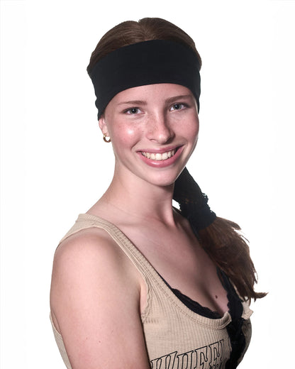 Gray Classic Tie-Dye headband with ponytail protector, reverse front view female model.