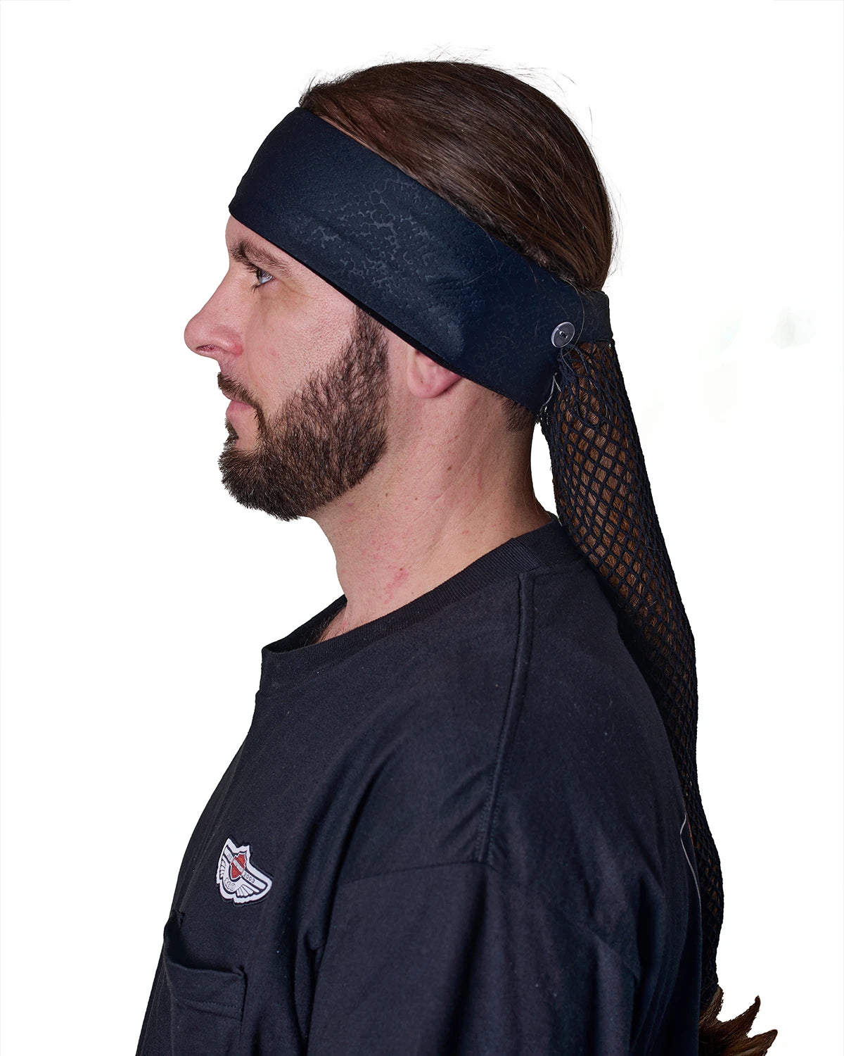 Black Venom headband with ponytail protector, side view on male model.