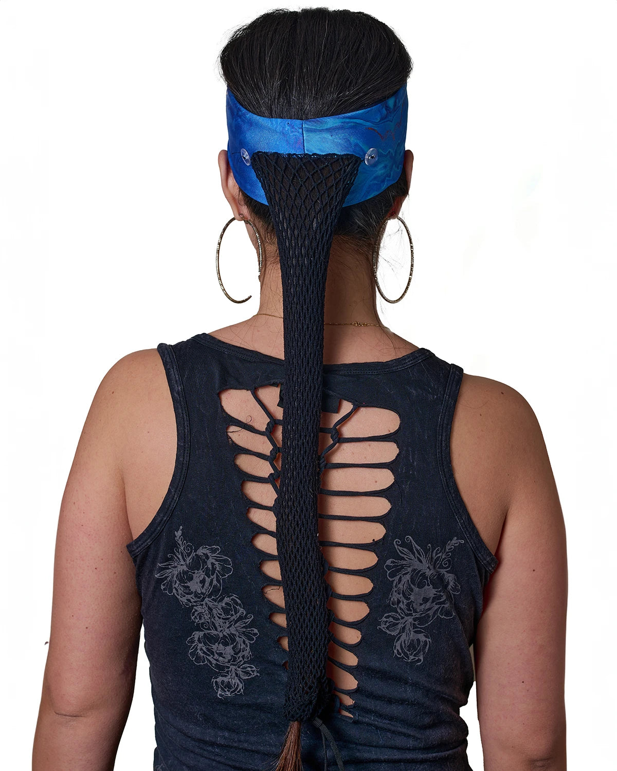 Blue Vibrance Tie-Dye headband with ponytail protector, back view female model.