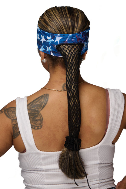 Patriotic Red White and Blue headband with ponytail protector, back view on female model.