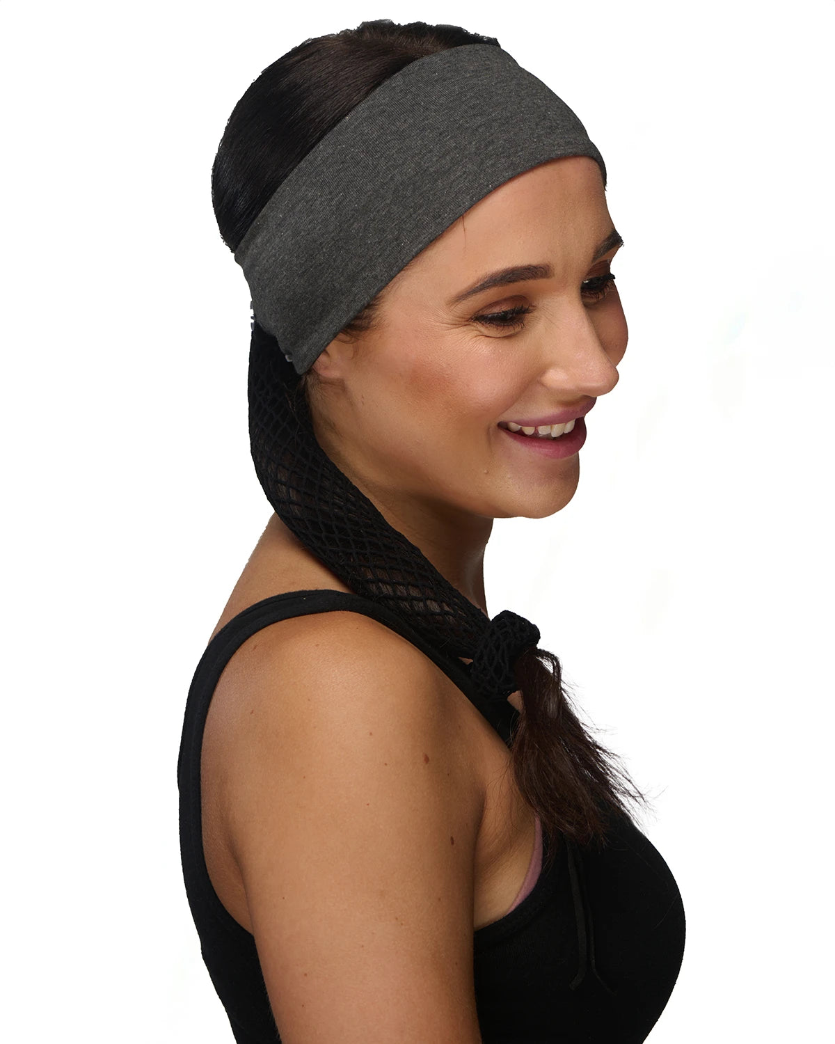 Gray Classic Tie-Dye headband with ponytail protector, reverse side view female model.