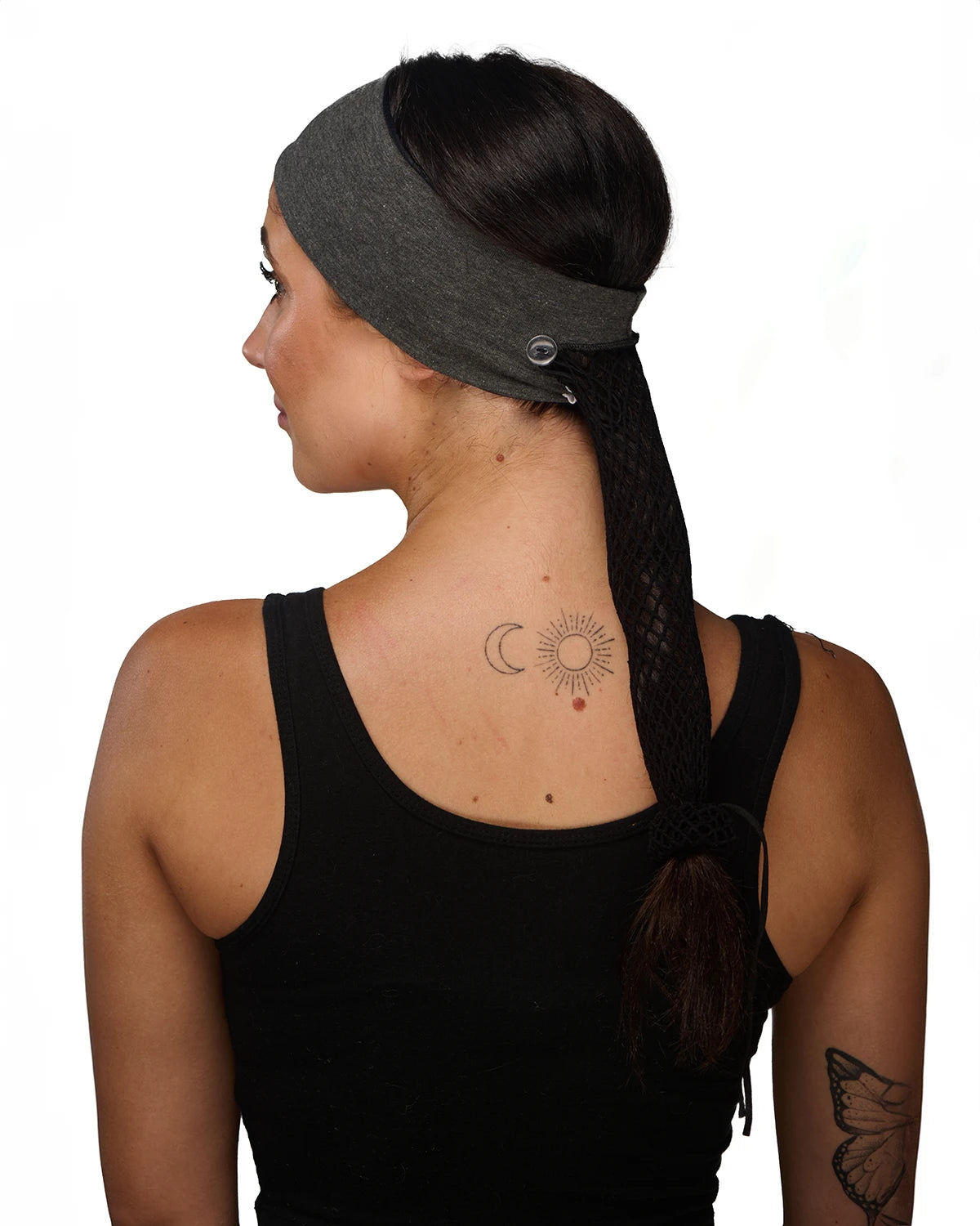 Gray Classic Tie-Dye headband with ponytail protector, reverse back view female model.