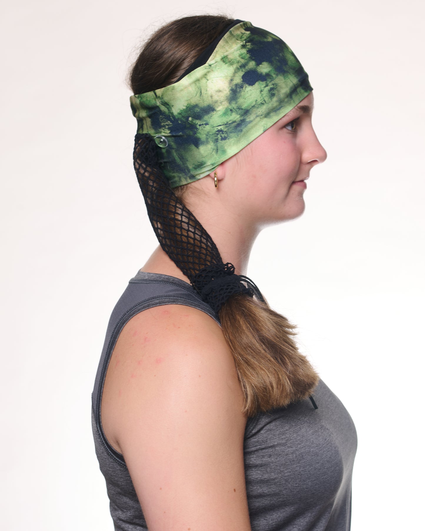 Green Tie Dye Wide headband, side view on female model.