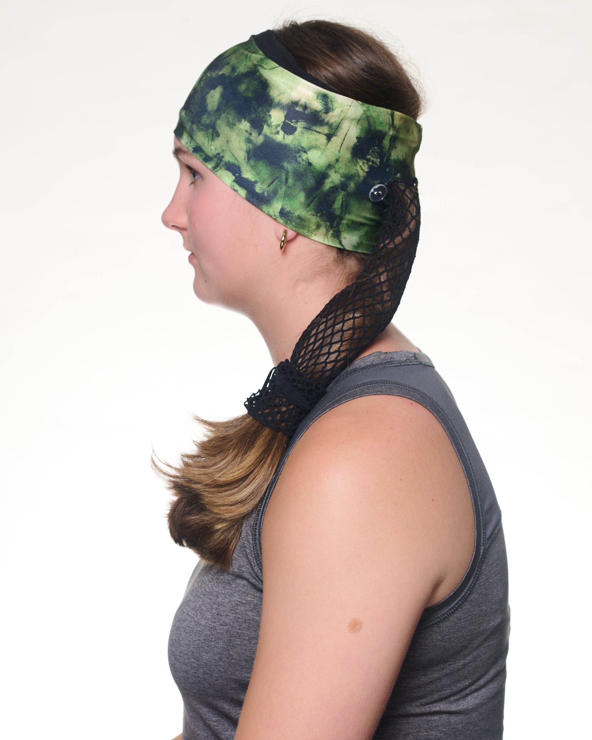 Green Tie Dye Wide headband, side view on female model.