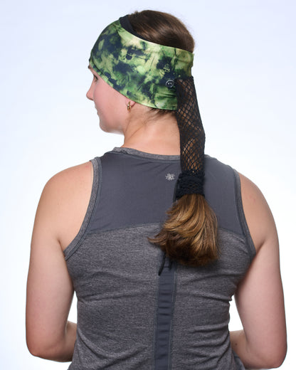 Green Tie Dye Wide headband, back view on female model.