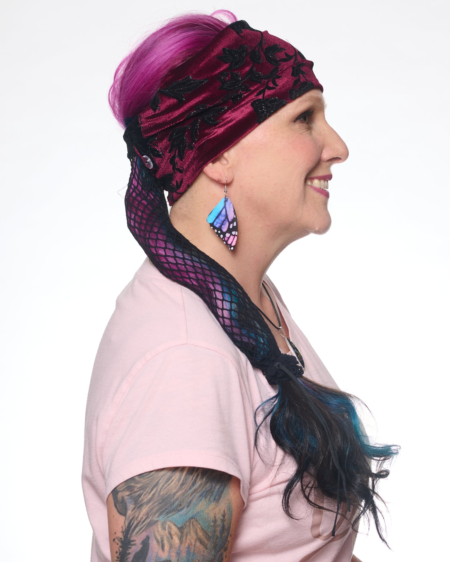 Goth Floral Wide Headband, side view on female model.