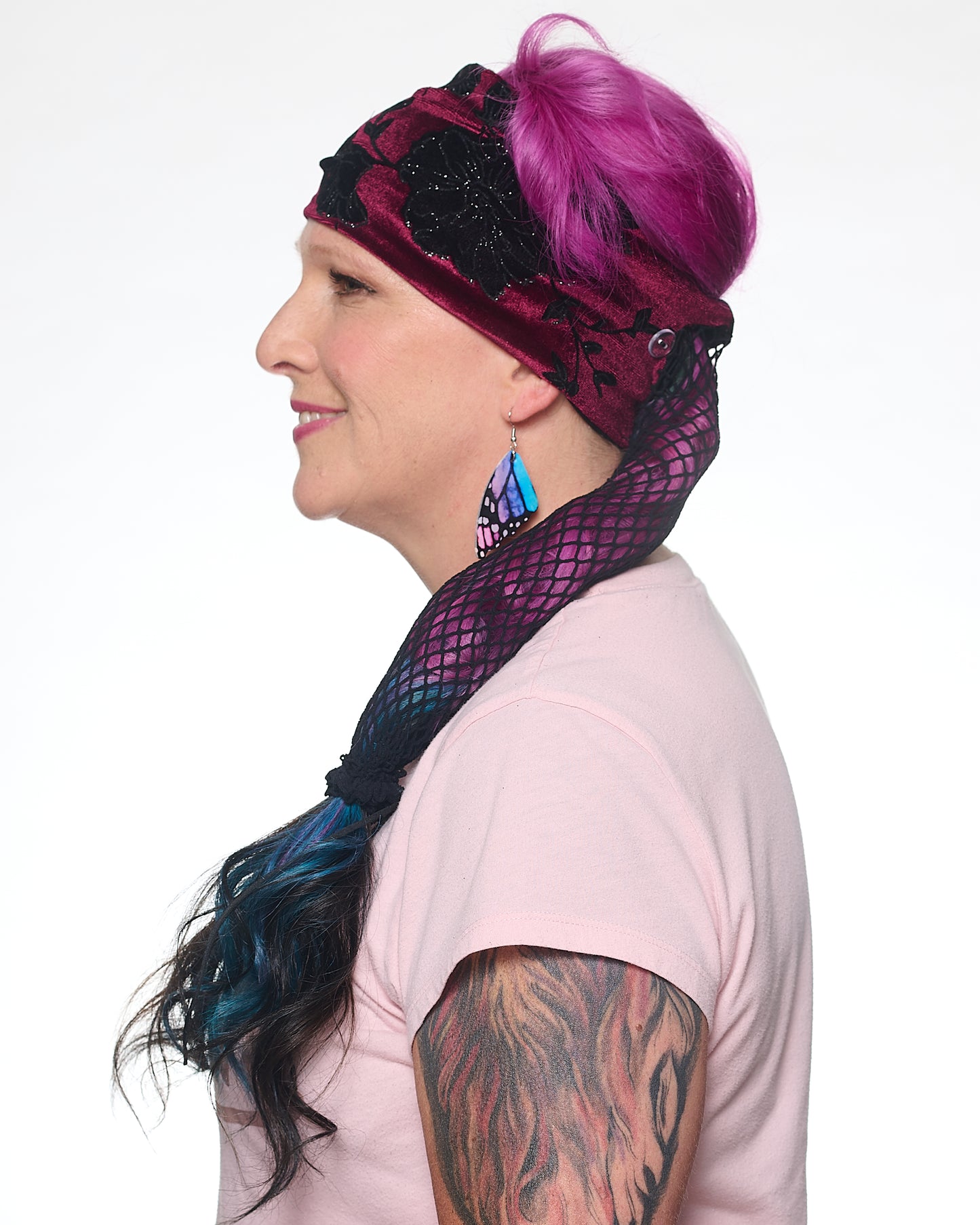 Goth Floral Wide Headband, side view on female model.