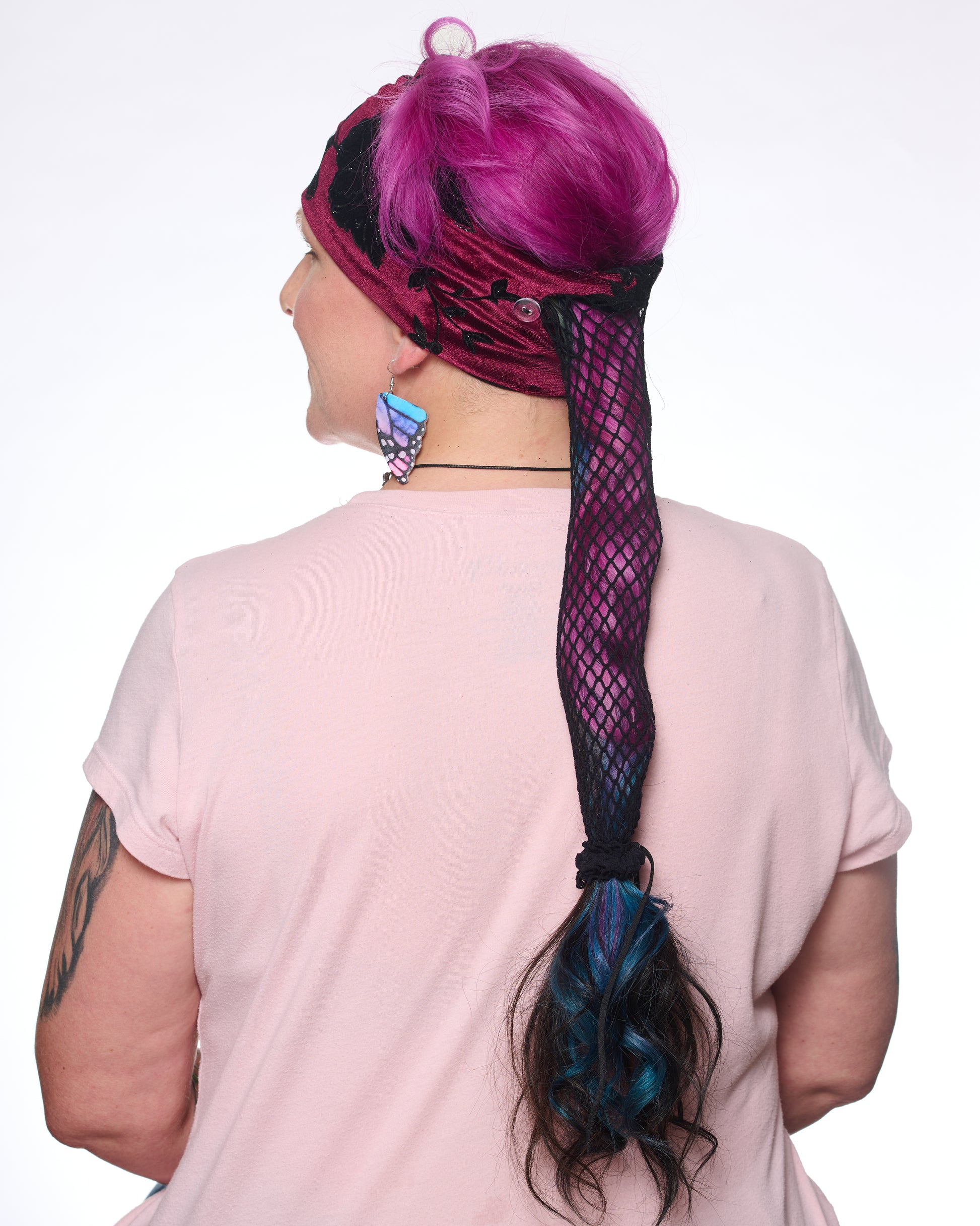 Goth Floral Wide Headband, back view on female model.