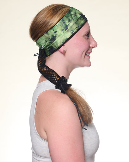 Green Tie Dye Narrow headband, side view on female model.