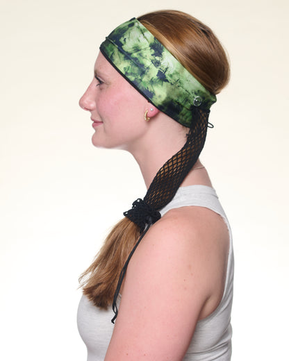 Green Tie Dye Narrow headband, side view on female model.