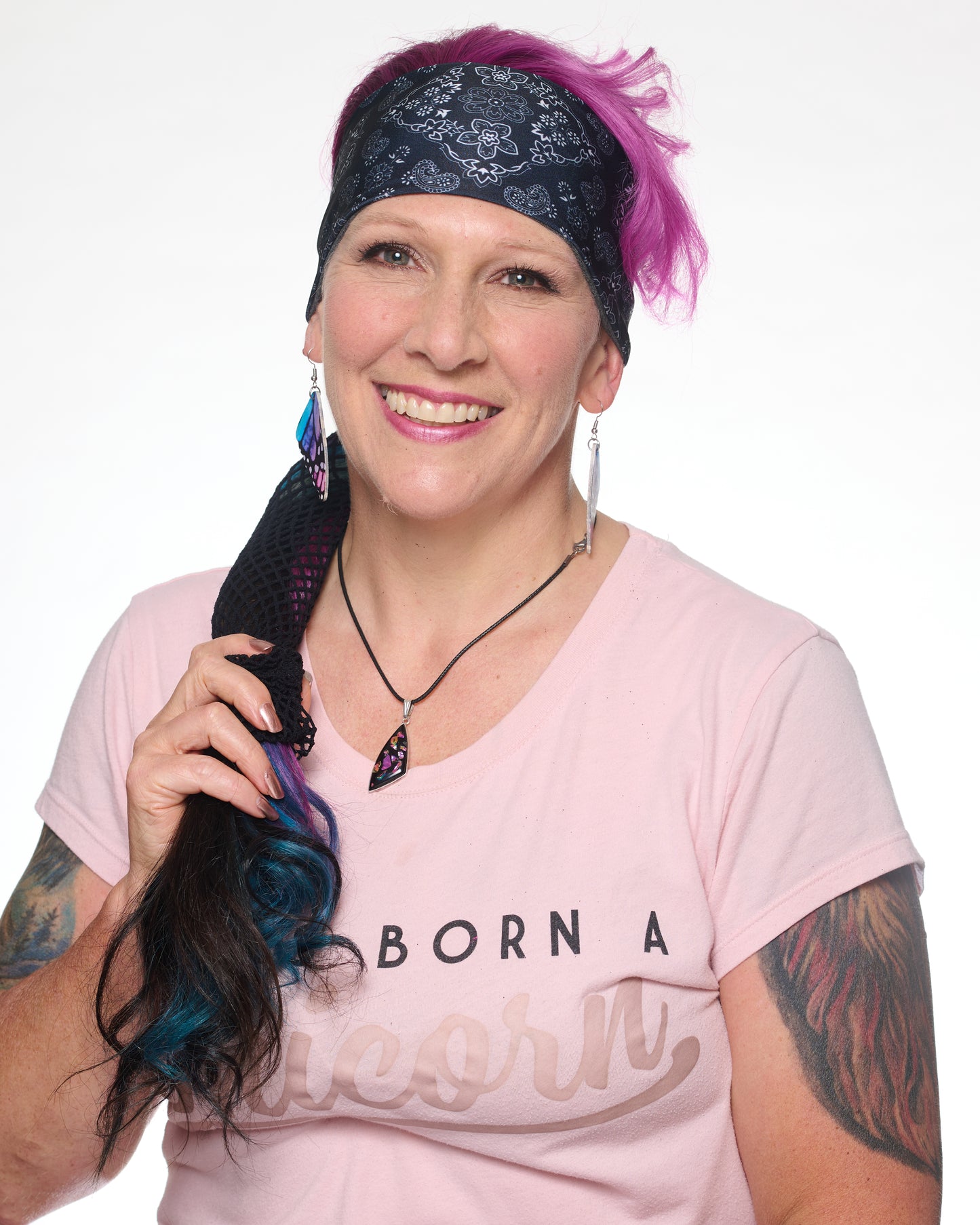 Black and White Bandana headband with ponytail protector, front view on female model.