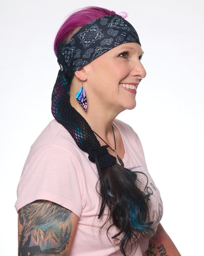 Black and White Bandana headband with ponytail protector, side view on female model.